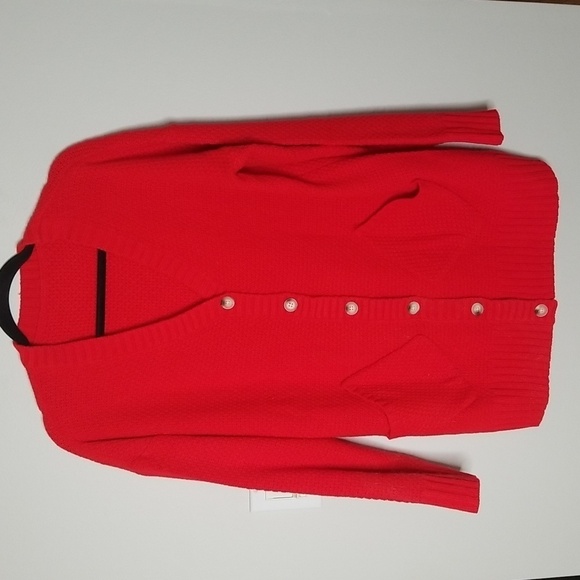 Womens Red Cardigan v neck drop shoulder mid length sweater - Picture 1 of 5